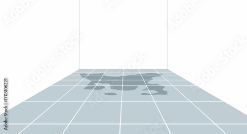 Wet floor on the gray tile. Wet floor needs cleaning after accident, showing the need for hygiene and safety. The concept of a wet floor as a caution indicates cleaning solutions are necessary.