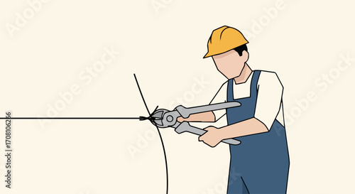 Power line repair shows lineman in safety gear splicing cables. Power line repair requires specialized tools and professional training for technicians.
