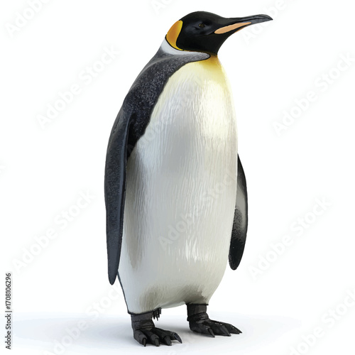 Realistic 3D emperor penguin standing, white background.