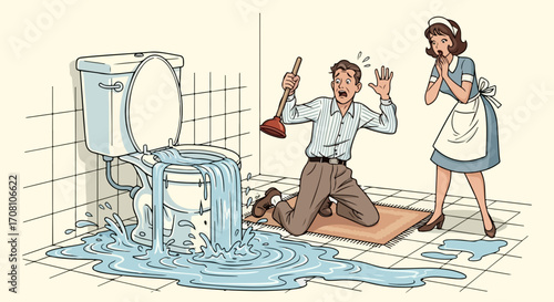 Clogged toilet overflows, creating a mess and causing stress for homeowner and maid. Clogged toilet issues can lead to costly repairs, adding to frustration,