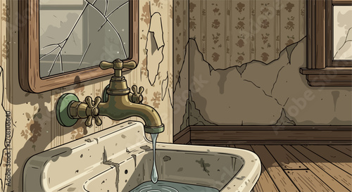 Crumbling room illustration with dripping faucet and cracked walls in vintage wallpaper, depicting abandonment in decaying interior. Crumbling room illustration shows a desolate scene.