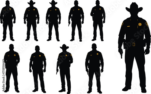 Silhouettes of sheriff officers in uniform with badges and hats, law enforcement personnel, police with guns, security team, public safety, isolated on white background.