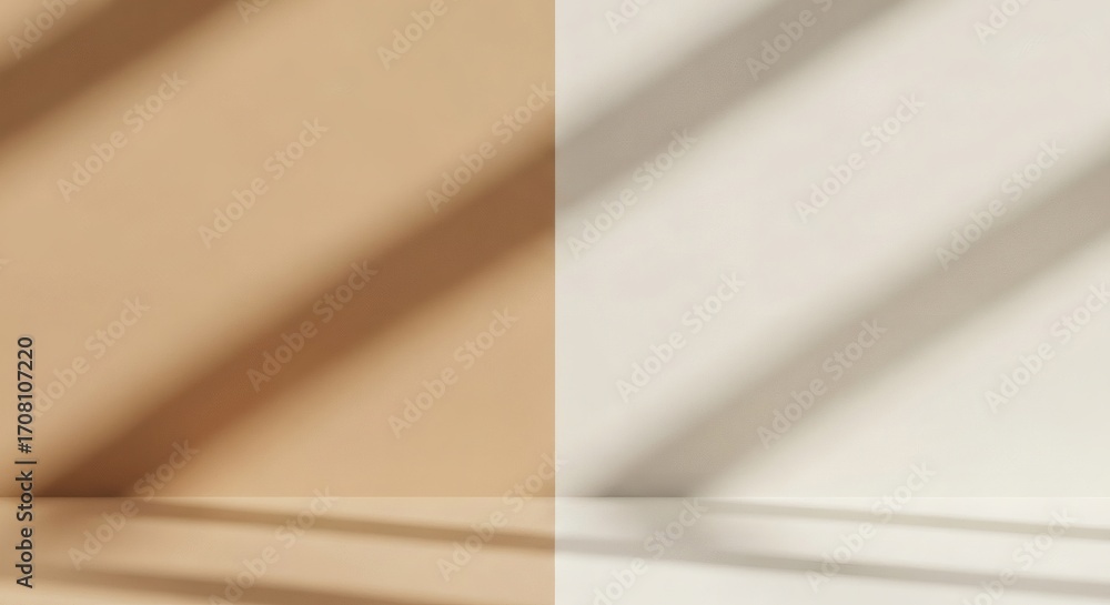 Obraz premium Split screen background in beige and white with diagonal window shadows providing elegant copyspace for product presentation