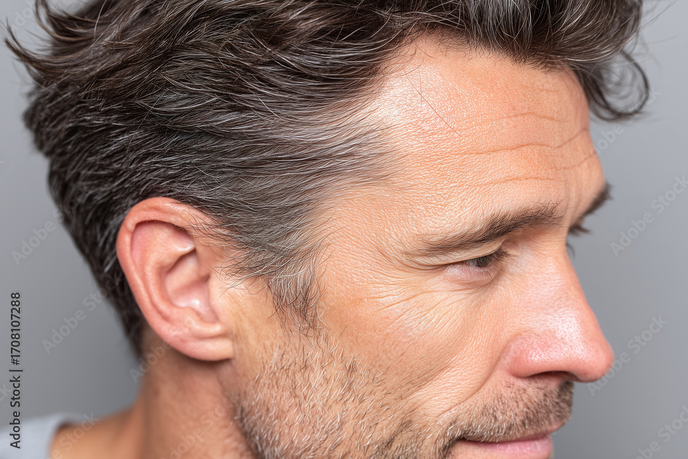 Obraz premium Close up of man thinning hairline and side profile showing gray hair, wrinkles, and facial stubble with neutral expression on gray background