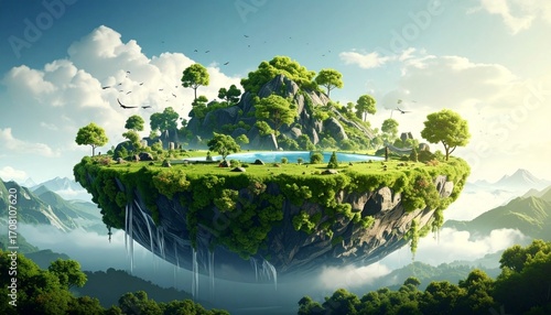 Floating island with trees and pool.