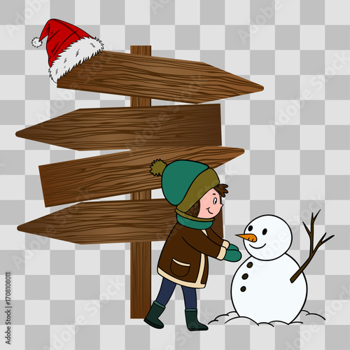 Wooden winter signpost with arrows kids playing with snow and snowman. Seasonal illustration with frosty details. Christmas scene