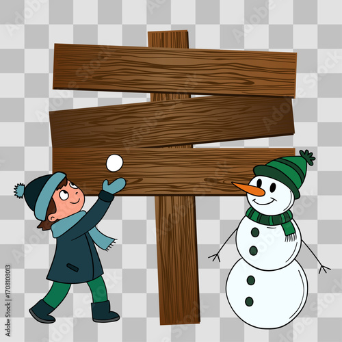 Wooden winter signpost with arrows kids playing with snow and snowman. Seasonal illustration with frosty details. Christmas scene