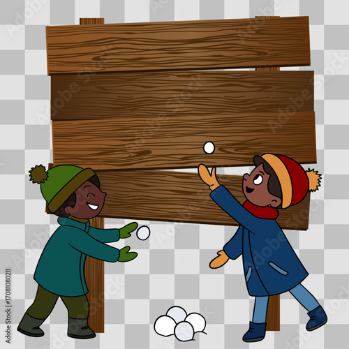 Wooden winter signpost with arrows kids playing with snow. Seasonal illustration with frosty details. Christmas scene