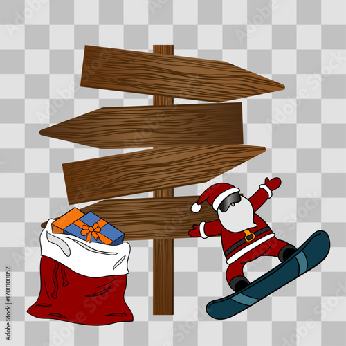 Wooden Christmas signpost with arrows decorated in festive style. Holiday illustration with seasonal ornaments, ribbons, and winter decorations. Christmas scene