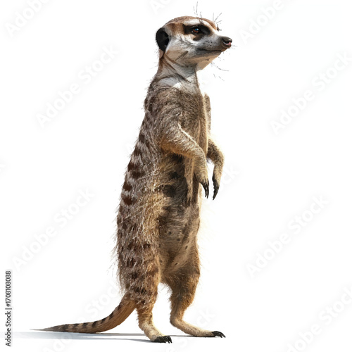 Realistic 3D meerkat standing on hind legs, white background.