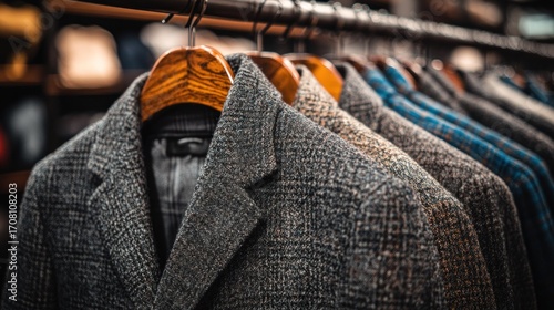 Row of men's wool coats on hangers