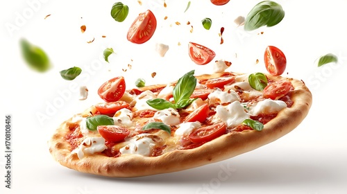 A vibrant pizza with fresh tomatoes mozzarella and basil leaves in mid air on a white background