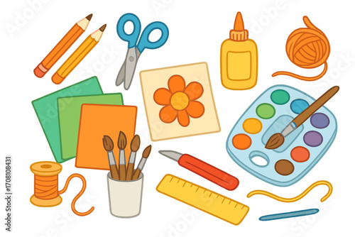 Art and craft supplies set for DIY projects. Vector illustration of creative tools like paint, brushes, scissors, pencils, paper, and glue for handmade hobbies and school.