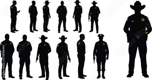 Silhouettes of sheriff officers in uniform with badges, law enforcement personnel, police with guns and hats, public safety team, security officers, isolated on 