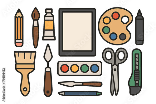 Art supplies and tools for creativity. Artist equipment set for painting, drawing, and crafts. Vector icon collection with pencil, brush, palette, paint, and tablet.