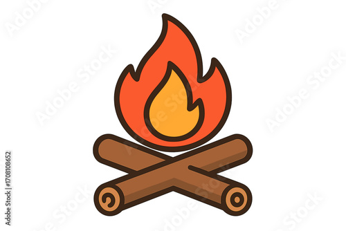 Campfire icon flat cartoon vector illustration. Bonfire symbol with burning flame and wood logs. Concept for camping, nature, travel, hiking, and adventure. Warmth and heat.