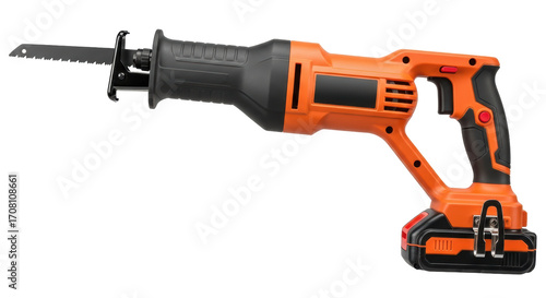 Isolated power reciprocating saw, orange, for building demolition and renovation projects