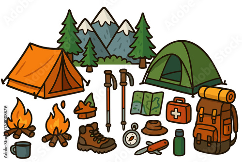 Camping gear and hiking essentials collection. Vector cartoon illustration set with tent, backpack, campfire, mountains, and forest. Outdoor adventure and travel icons isolated.