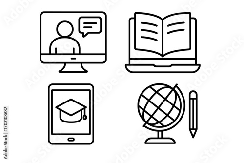 E-learning line icon set. Online education, webinar, distance learning. Virtual classroom concept. Digital book, online course, graduation cap, and global study thin line icons.