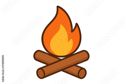 Campfire icon vector. Flame and wood logs cartoon symbol. Flat style bonfire graphic for camping, hiking, scout adventure. Outdoor recreation logo isolated on a white background.