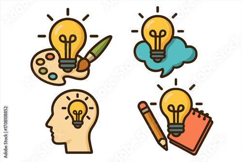 Creative idea icon set for innovation, brainstorming. Lightbulb as a symbol of solution, inspiration, thinking. Human head, art palette, pencil. Imagination and learning concept.
