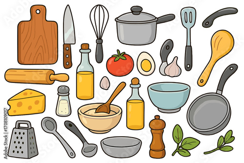 Kitchen tools and cooking ingredients vector set. Cartoon illustration for food preparation with knife, pan, oil, cheese, and vegetables. Culinary clipart collection isolated.