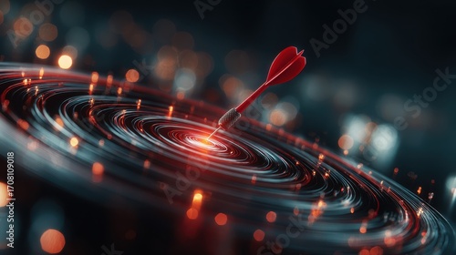 Wallpaper Mural Red dart embedded in the center of a swirling, illuminated target against a dark background Torontodigital.ca