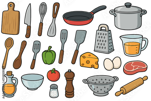 Big collection of kitchen utensils and fresh ingredients for home cooking. Vector cartoon set with cooking tools like pan, pot, knife, grater and food like steak, cheese, eggs.