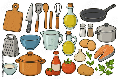 Collection of kitchen tools, cookware, and fresh ingredients for cooking. Vector cartoon illustration set for food preparation with salmon, vegetables, and utensils. Isolated.