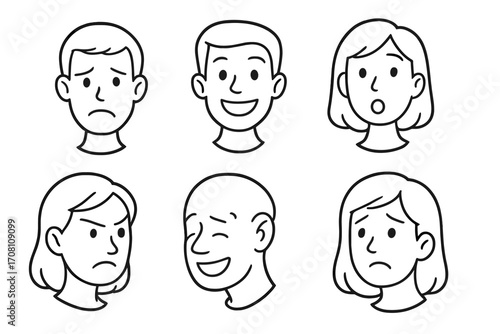 Set of human face line icons showing various emotions. Vector collection of simple cartoon heads with expressions like happy, sad, angry, surprised. Man and woman avatars.