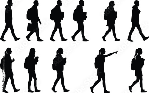 Silhouettes of students walking with backpacks and books, isolated on white background, education concept, campus life, youth lifestyle, learning, studying, vector illustration.