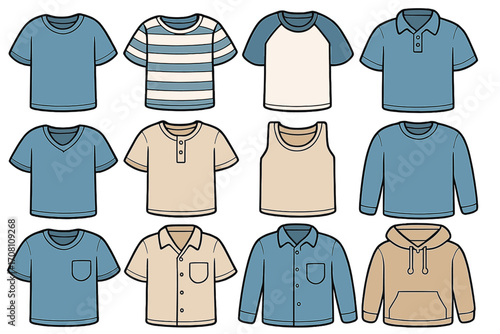 Men's clothing collection vector icon set. Casual apparel fashion illustration. T-shirt, polo, hoodie, long sleeve, henley, and tank top shirt designs for men. Garment mockup.