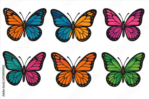 Set of colorful butterflies. Vector illustration of monarch butterfly icons. Collection of vibrant, stylized insects for spring or summer design. Isolated cartoon drawing.