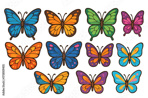 Set of colorful butterflies vector illustration. Collection of vibrant flying insects with beautiful patterns. Nature design elements. Cartoon butterfly icons isolated.