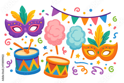 Carnival festival party elements set. Vector cartoon illustration collection with mask, drum, cotton candy, confetti and flags. Festive celebration design for fair or funfair.