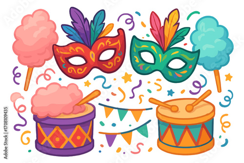 Colorful carnival elements set. Vector cartoon illustration with masks, drums, cotton candy, and confetti for a festive party, celebration, or festival. Isolated objects.