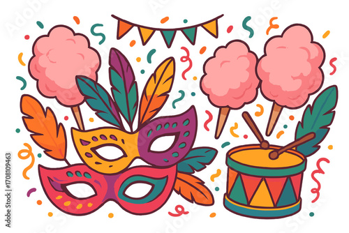 Colorful carnival elements set with feather masks, cotton candy, and drum. Flat vector cartoon illustration for festival, fair, or holiday celebration. Mardi Gras party design.