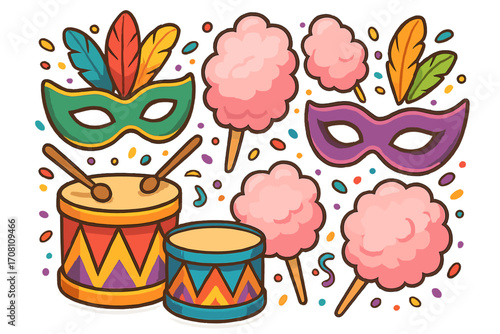 Festive carnival party icon set with masks, drums, cotton candy. Vector cartoon illustration for celebration, festival, masquerade parade or holiday. Funfair amusement concept.