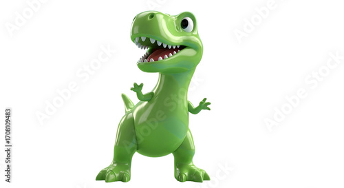 A cheerful bright green cartoon dinosaur joyfully greets you with tiny hands ready for fun in on transparent background