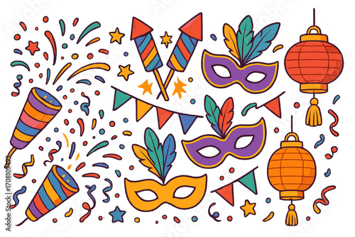 Vector collection of colorful party and carnival elements. Hand drawn cartoon illustration set with poppers, confetti, fireworks, festive masks, Chinese lanterns, and flags.