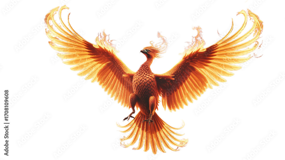 Fototapeta premium Majestic Phoenix Bird Rising with Flaming Wings Isolated on White Background, Mythical Fire Creature Symbolizing Rebirth and Hope