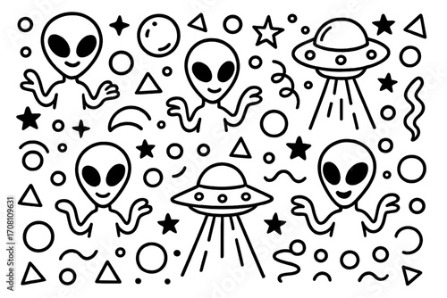Cute alien and UFO seamless pattern. Funny cosmic background. Black and white space doodle. Vector cartoon character. Extraterrestrial monster texture for kids fabric print.