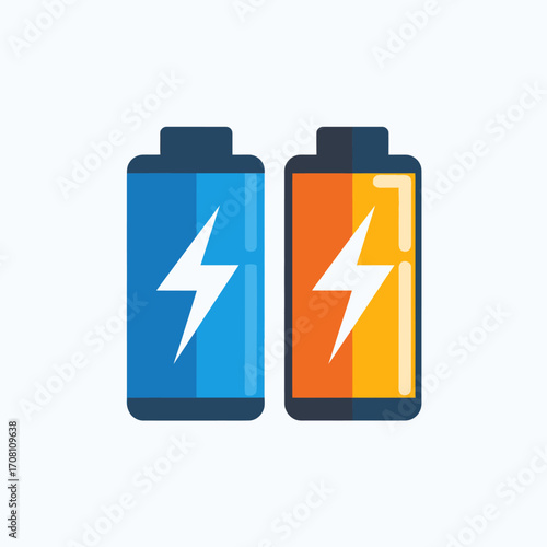 Two colorful batteries with lightning bolt symbols isolated.
