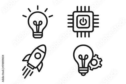 Innovation icon set. Creative idea, startup launch, tech development symbols. Lightbulb for solution, rocket for progress, CPU for power. Simple minimalist line art vector.