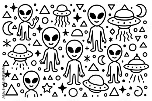 Cute alien and UFO doodle pattern. Seamless black and white space background with funny characters, spaceships, stars and planets. Extraterrestrial monster vector illustration set.