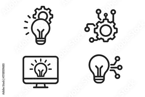 Minimalist line icon set of innovation and technology. Creative symbols for idea generation, solutions, and development. Vector lightbulb, gear, circuit, and monitor icons.