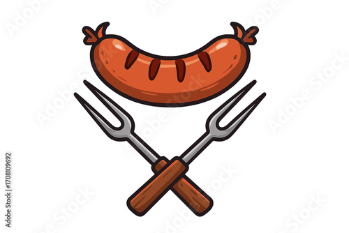 Grilled sausage and crossed forks BBQ logo. Barbecue grill party icon. Meat food concept for restaurant menu or butcher shop emblem. Hot dog or wurst meal vector illustration.
