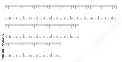 Measuring tools, scales icons. Set of scale for ruler in centimeters, inches. Inch, metric rulers. Metrics indicators cm, inch. Charts 15, 20, 30 centimeters and 6, 8, 12 inches.