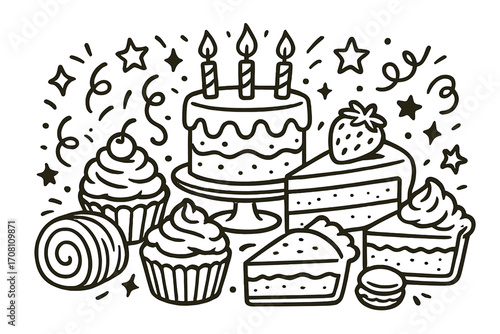 Birthday cake and dessert doodle set. Festive pastry collection for party celebration. Line art vector of sweet food, cupcake, pie. Bakery confectionery cartoon illustration.