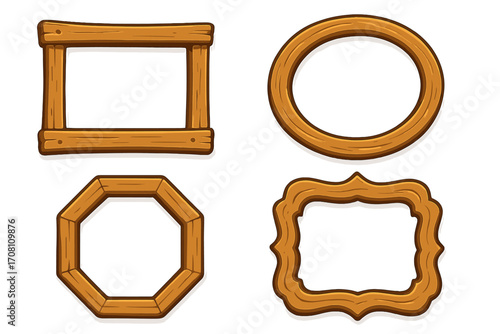 Set of cartoon wooden frames for game UI. Vector wood borders. Rustic decorative empty templates. Circle, square, and octagonal shapes for design projects. Illustration.